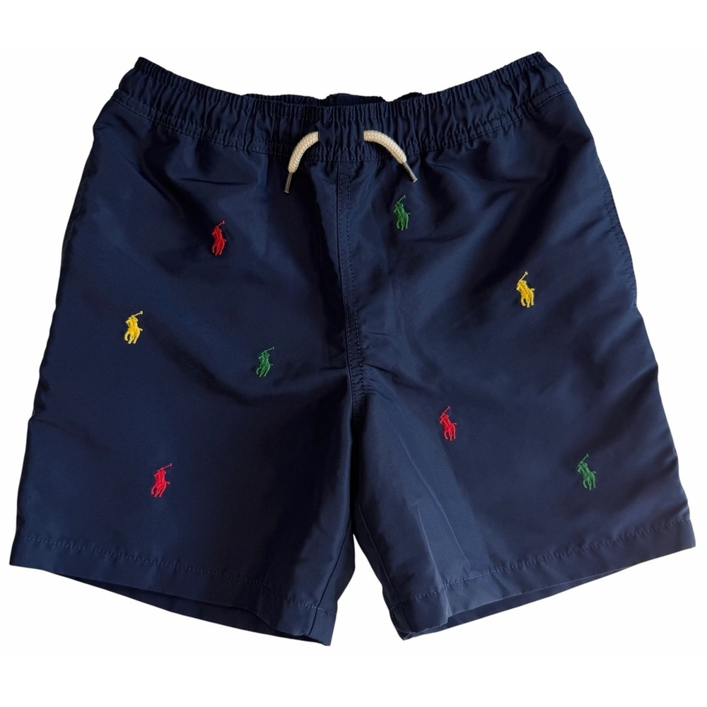 Polo Ralph Lauren Young Boys Navy Blue AOP Logo Swim Trunks Shorts Size M 10/12